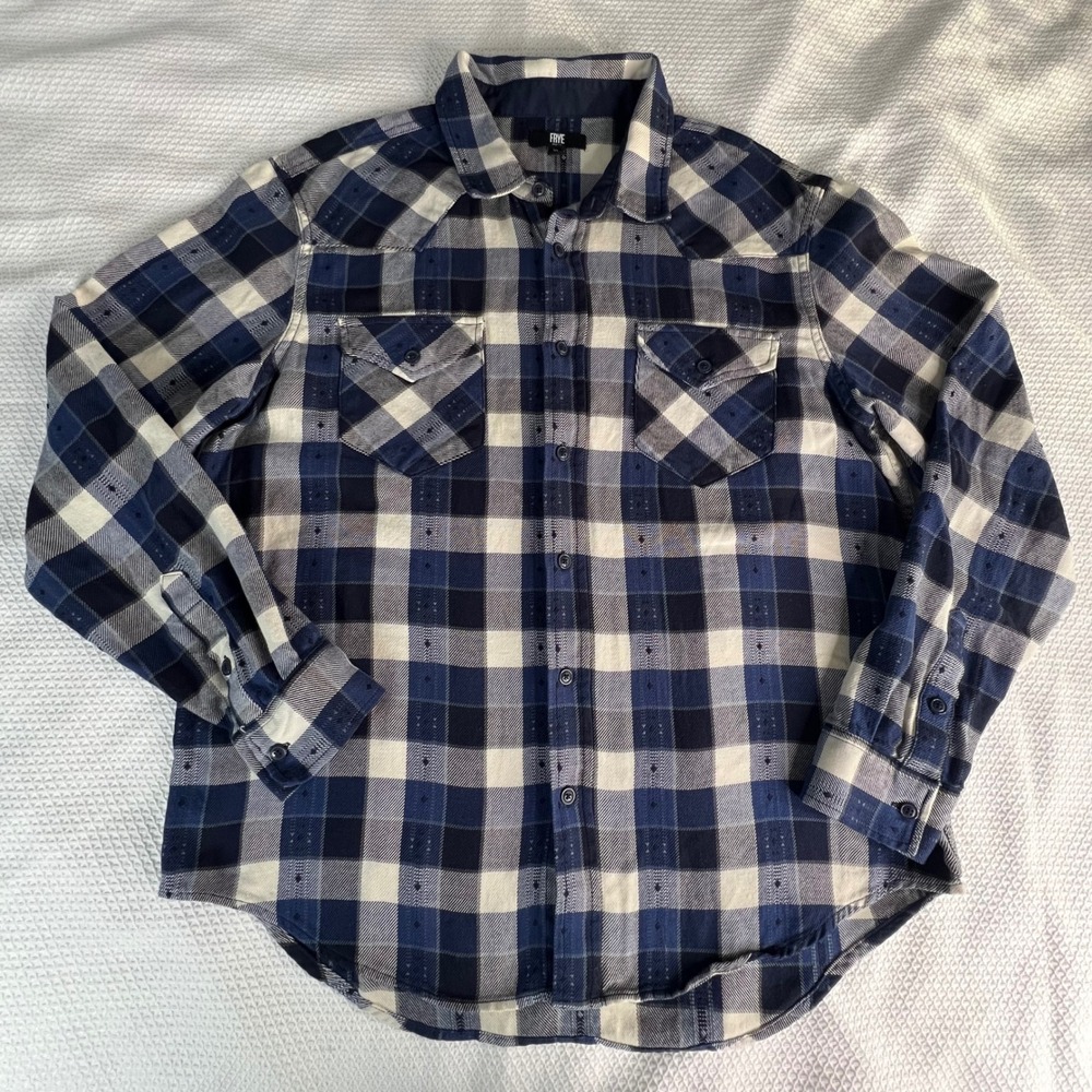 Frye Plaid Flannel Long Sleeve Shirt Men Sz XL Blue Cream Plaid 100% Cotton